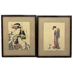 Japanese School (19th century): Women playing a Shamisen and Woman with Pets, pair colour woodblock prints 24cm x 18cm (2)