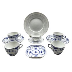 Royal Copenhagen porcelain to include four Blue Fluted Half Lace pattern coffee cups no. 1/719, two saucers decorated in the same pattern, a square form Blue Fluted Plain pattern dish and a porcelain plate designed by Arnold Krog D22.5cm, together with a late 19th century Bing & Grondahl Blue Fluted teacup & saucer 