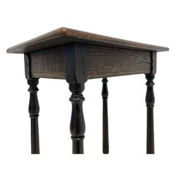 Tall oak joint stool, rectangular moulded top over moulded frieze rails, turned supports joined by plain stretchers 