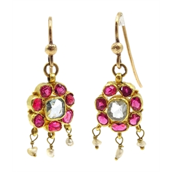 Pair of Indian gold aquamarine and ruby pendant earrings
