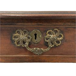 George III mahogany lowboy, rectangular moulded top over single cock-beaded drawer, with cast gilt rococo handle and pierced plates, on square chamfered supports