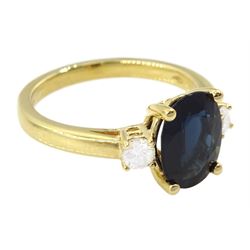 18ct gold three stone oval sapphire and round brilliant cut diamond ring, hallmarked, sapphire approx 2.20 carat, total diamond weight approx 0.25 carat