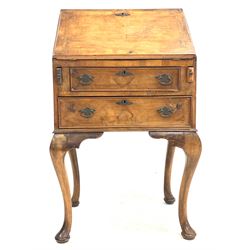 Late 19th century figured walnut bureau de dame, herring bone inlaid sloped fall front revealing fitted interior, over two drawers, raised on cabriole supports W59cm