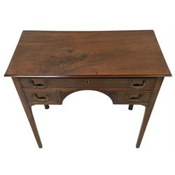 Early 19th century mahogany lowboy, moulded rectangular top over three drawers, the kneehole carved with triangular flower head brackets, on square supports with outer moulded and inner chamfer