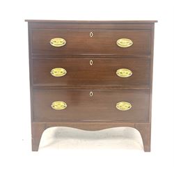 George III mahogany chest, fitted with three graduated drawers with plate brass pull handles, raised on bracket supports W90cm, H94cm, D50cm