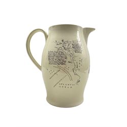 Early 19th century Liverpool creamware jug painted with a bust portrait of Admiral Lord Nelson, Britannia and lion and a map of Trafalgar with plain loop handle H24cm