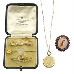 Victorian and later gold jewellery including gold round locket pendant necklace dated 1844 and crescent moon brooch, both 9ct  gold seed pearl lily of the valley brooch and seed pearl stick pin, both 15ct and a gilt garnet and agate oval brooch