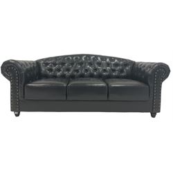 Chesterfield style three seat club sofa, upholstered in buttoned black fabric with stud work