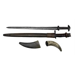Two horn powder flasks, Eastern short sword with horn hilt, blade length 48cm and a Remington bayonet dated 1917 with a leather scabbard