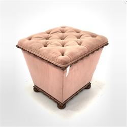  Victorian ottoman of square tapered form, upholstered in dusty pink buttoned velvet, interior lined with cream silk damask, raised on compressed bun feet, W49cm  