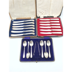 Set of six silver bladed pastry knives with mother of pearl handles Sheffield 1939 Maker Viners, set of six silver tea spoons and tongs Sheffield 1912 and six silver handled dessert knives, all cased