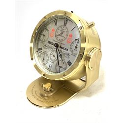 'Sewills of Liverpool' Sealord chronometer in brass case, subsidiary seconds dial along with thermometer, hydrometer, barometer, alarm, and tide indicator, strike and silent, and repeat alarm function, battery operated D13cm