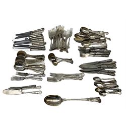 A matched part canteen of Kings pattern silver-plated cutlery comprising twenty-three dessert forks, four table forks, eleven table knives, twenty-four table spoons, twenty-three soup spoons, seven fish knives and forks, serving spoon, twelve teaspoons etc