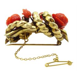 Victorian gold carved coral flower twist brooch