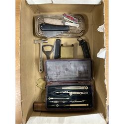Pruning knife, 'Made in Sheffield', another single folding blade pocket knife with impressed mark reading 'I*XL' boxed mathematical instruments and various other items, in one box 