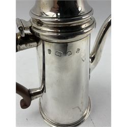 Silver coffee pot of 18th century design with domed cover and stained wood handle and lift H24cm London 1970 Maker C J Vander 20oz