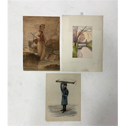 Fielding watercolour of a fisherman, 35cm x 24, Edward Frederick Holt, watercolour of a man holding a tray and Chrissie Everard, watercolour 'Norfolk', all unframed