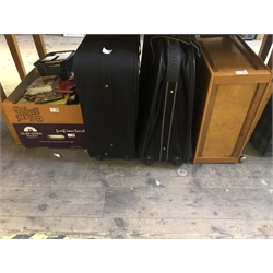 Two Boxes of Books and Bags,a Wood Box on Wheels and Three Suitcases