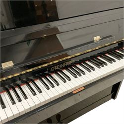Steinhoff - compact black lacquered upright piano, iron overstrung frame and over damper action with a una corda, sustain and practice pedal, the practise pedal reduces the pianos volume when practising. Together with a black lacquered adjustable piano stool.