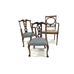 Edwardian walnut 'His and hers' pair of bedroom chairs with upholstered seat panels, (W50cm) together with an Edwardian inlaid mahogany drawing room armchair, with needlework upholstered seat panel raised on turned front supports, (W56cm)