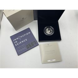 Three The Royal Mint United Kingdom 2021 silver proof piedfort fifty pence coins, comprising 'John Logie Baird', 'Charles Babbage' and '100 Years of Insulin', all cased with certificates (3)