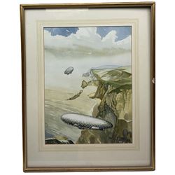 J B (British 20th century): Zeppelins Bearing French Flag Flying over Coast, watercolour initialled and dated '89, 38cm x 28cm