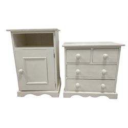 Small painted pine chest, fitted with two short and two long drawers raised on a skirted base (H50cm), and a painted bedside cabinet, with one cupboard opening to reveal one fixed shelf (H65cm)