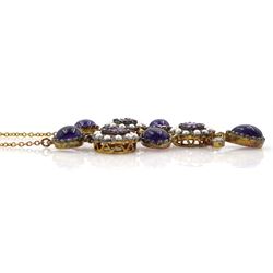 Gold and silver cabochon and square cut amethyst, seed pearl and diamond necklace