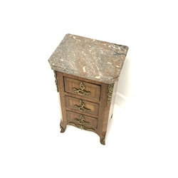 Louis XVI style miniature inlaid Kingwood chest of drawers with Ormolu style gilt metal mounts and marble top, H51cm, W29cm, D21cm