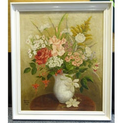 Eleanor Plumpton (British 20th century): Still Life of Flowers in a Vase, oil on canvas signed and dated 1955, 60cm x 50cm