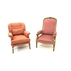 20th century beech reclining open armchair, floral carved crest rail over seat and back upholstered in pink fabric, raised on turned supports (W65cm) together with another 20th century armchair (W70cm)