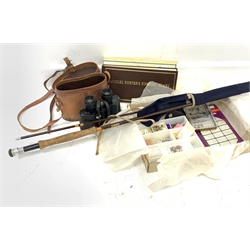 Hardy two piece fly rod 260cm, a box of fly tying items, Muriel Fosters Fishing Diary in slip case and a pair of Kershaw Olympic 8x30 binoculars