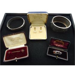 Early 20th century and later jewellery including silver Charles Horner paste brooch, Chester 1913, in original box, pair of 9ct gold pearl screw back earrings, 9ct gold stone set stick pin and two silver hinged bangles 