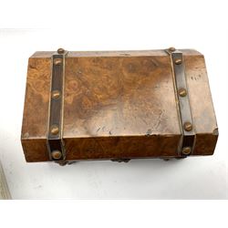 Victorian burr walnut jewellery box decorated with rosewood strapwork and rivets, L23cm, together with two other jewellery boxes containing various pieces of costume jewellery including a Victorian cameo brooch, bird claw brooch, earrings, necklaces etc 