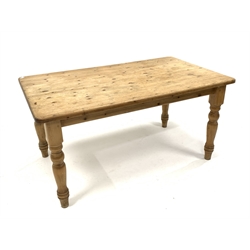 Victorian style pine kitchen dining table, rectangular top raised on turned supports, 153cm x 91cm, H76cm