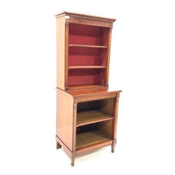  Late 19th century French mahogany open bookcase, with figured frieze above two shelves enclosed by plain pilasters, one shelf under, raised on square tapered supports and peg feet, W59cm, H146cm, D42cm  