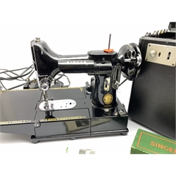 Singer Featherweight portable electric Sewing machine Model No.222k, complete in original case with mechanical parts, embroidery hoop, instruction manuals and other accessories 
