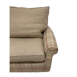 Three piece lounge suite, upholstered in neutral and checkered fabric - pair two seat sofas (W195cm, H105cm), and single armchair (W95cm, H97cm), with arm covers