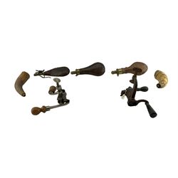 19th century G & J.W. Hawksley copper and brass shot flask, another leather example by W. Batram, two horn shot flasks, 12-bore cartridge turnover tool by Hawksley and a 10-bore cartridge turnover tool