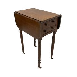 Victorian mahogany Pembroke table, rectangular drop-leaf top with rounded corners, fitted with two drawers and two false drawers to reverse, raised on ring turned supports terminating in brass cups and  castors