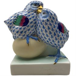 Herend porcelain pair of chicks with an egg, raised on a rectangular base, in blue colourway, H13cm