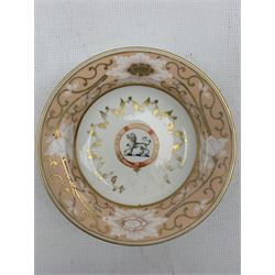 Chamberlain Worcester dish bearing the Osborne family crest, marked beneath, German coffee pot with animal head spout, gilt and floral decoration H25cm and a French faience caster decorated with classical scenes (3)