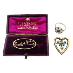 Edwardian 15ct gold opal and seed pearl bar brooch, retailed by Pearce & Sons Leeds, boxed, gold turquoise and pearl heart brooch, stamped 15ct and a rose gold opal and stone set ring, stamped 9ct & Sil 