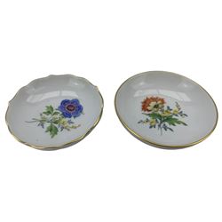 Set of four Meissen bowls and covers, each with flower knop finial and painted with floral sprays, pattern no. 040110/207, H9cm and two Meissen dishes (6) Provenance: From the Estate of the late Dowager Lady St Oswald