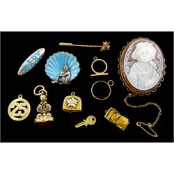 Gold jewellery including safari jeep, stone set ivy leaf, agate squirrel intaglio fob, key charm, cameo, ring and bell, silver enamel 'Baby' brooch and a silver Cornish pixie brooch