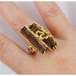 14ct gold two stone rectangular cut smoky quartz, abstract design ring, stamped