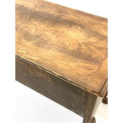Queen Anne style walnut lowboy, the top with herringbone inlay and moulded edge over three oak lined drawers and a shaped apron, raised on cabriole supports W104cm