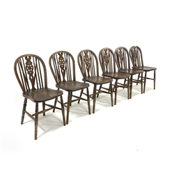 Set six late 19th century beech and ash hoop and spindle back chairs with saddle seats, raised on ring turned supports, W37cm