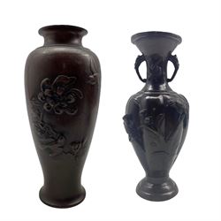 Japanese Meiji patinated bronze vase, lobed twin-handled form applied with birds perched on branches and elephant moulded handles, unmarked H25cm together with another Japanese bronze vase (2)
