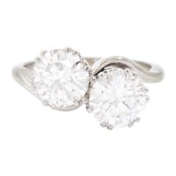 18ct white gold and platinum two stone round brilliant cut diamond ring, stamped 18c Plat, diamonds approx 1.45 carat and 1.50 carat, total diamond weight approx 2.95 carat